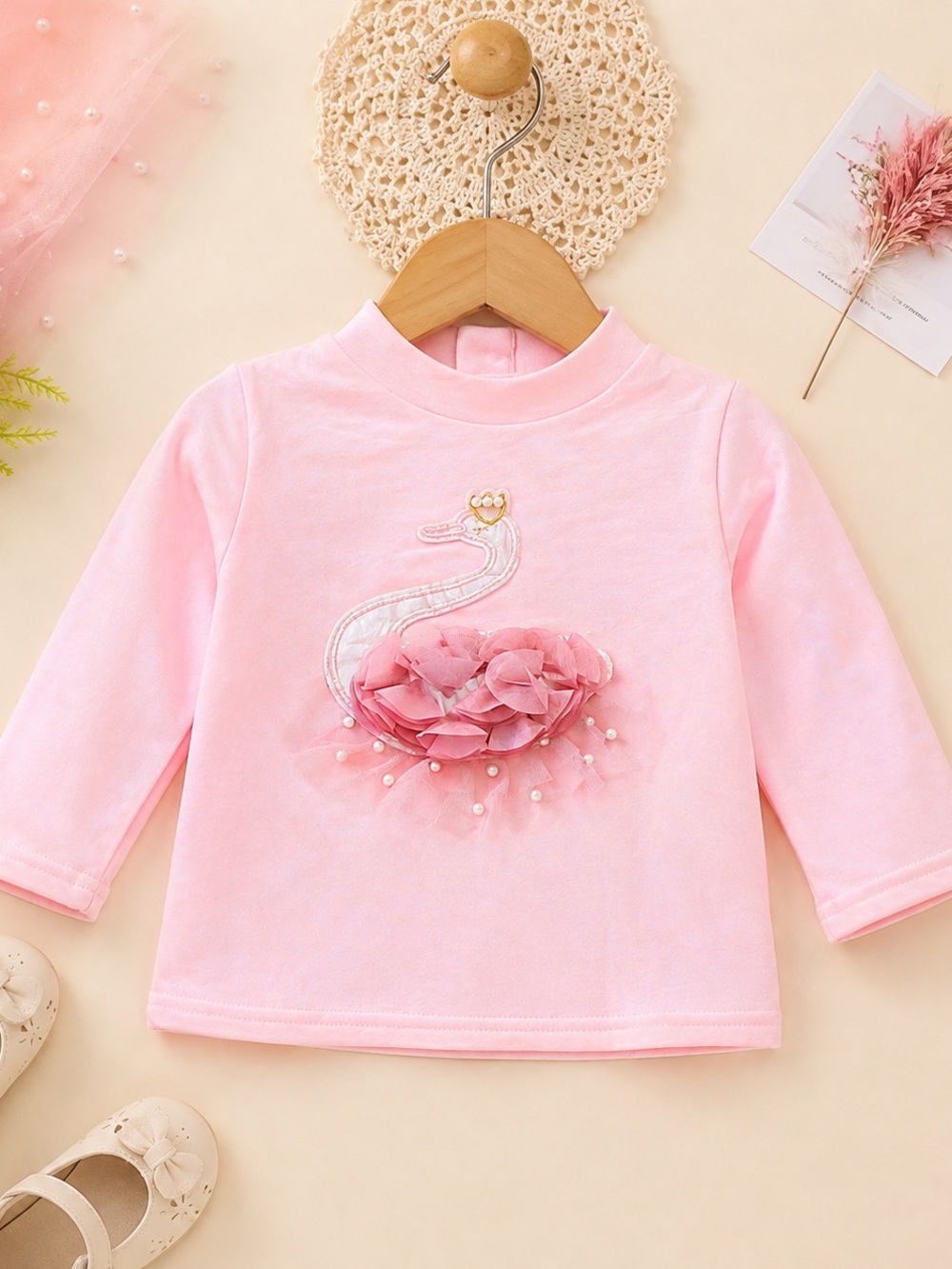 🦢🌸 Pink Swan Girls’ Long Sleeve Fleece Shirt — Pearl & 3D Floral Detail 2T-6yrs